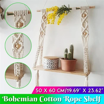 

1Pc Hand-Woven Macrame Tapestry Rack Wall Hanging Wooden Shelves Rope Plantpot Book Shelf