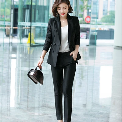 Black Pant Suits Женский брючный костюм зимний модный Рабочий костюм двубортный блейзер куртки и брюки 2 шт наборы серый красный черный - Цвет: Black Pant Suits