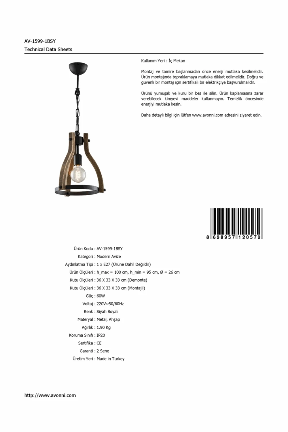 AVONNI AV-1599-1BSY черная окрашенная современная люстра, E27, металл
