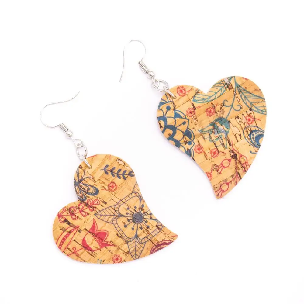 Natural cork Color printed fabric heart pendant earrings Original handmade ladies earrings-ER-110-MIX-5