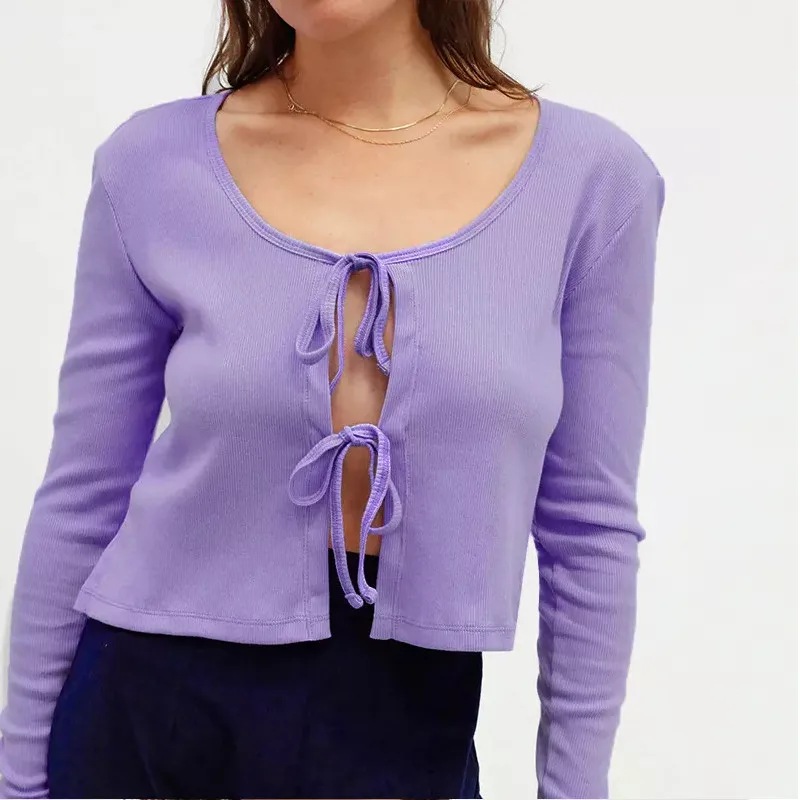 Женское болеро с завязками спереди, короткий топ с длинным рукавом, вязаный свитер, кардиган, черный, осень, Mujer, теплый мягкий свитер, топы - Цвет: Фиолетовый