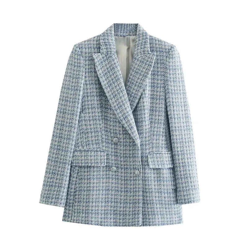 white short suit set TRAF Blue Pink Blazer Women Double Breasted Long Sleeve Jacket Woman Winter 2021 Fitted Coat Tweed Elegant Female Blazer womens suit set