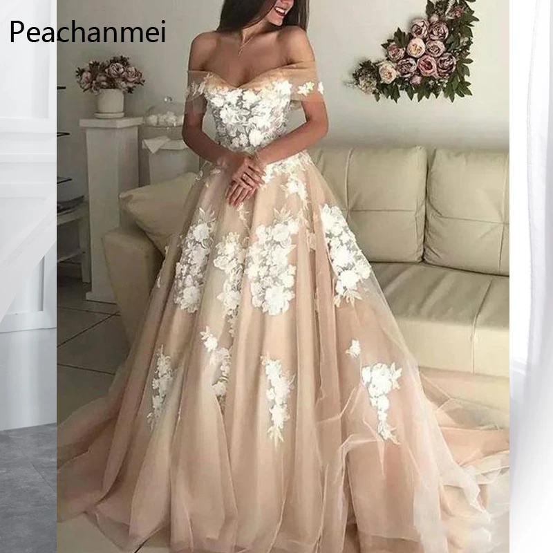 

Champagne Evening Dress Tulle Lange Robe De Soiree Off the Shoulder Long Formal Wedding Party Dresses 2019 Vestido de Festa