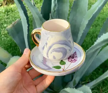 

Handmade coarse pottery ceramic lilac pattern tulip 24k real gold detailed coffee cup and saucer creative high quality teacup an