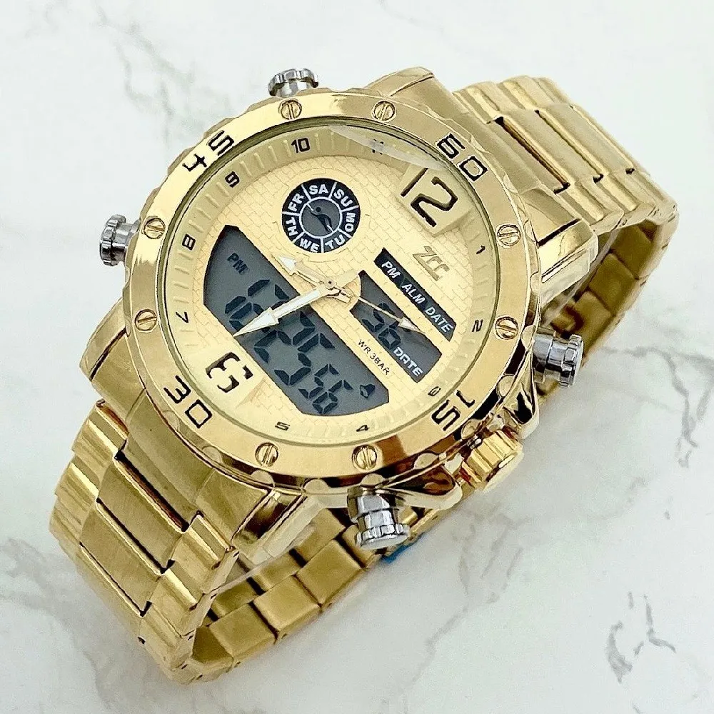 OROLOGIO POLSO ZCC UOMO ACCIAIO DUAL TIME CALENDARIO ALLARME IMPERMEABILE  DORATO|Mechanical Watches| - AliExpress