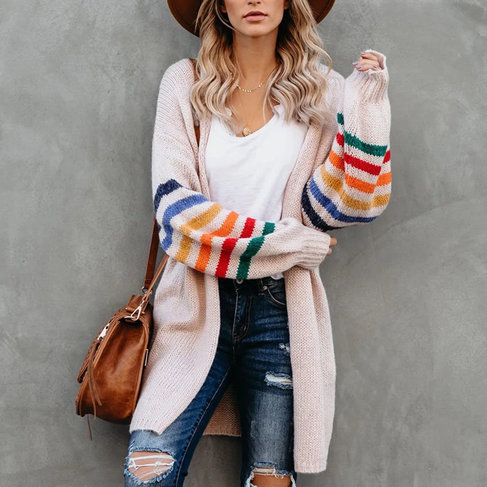 

Rainbow Patchwork Long Sleeve Woman Cardigan 2020 Autumn New Cardigans for Female Knitted Long Length Winter Warm Clothing Lady