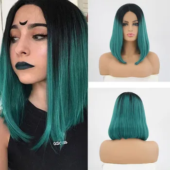 

Charisma Synthetic Lace Front Wig Ombre Bob Green Wigs High Temperature Heat Fiber For Daily Use With Middle Part Black Women