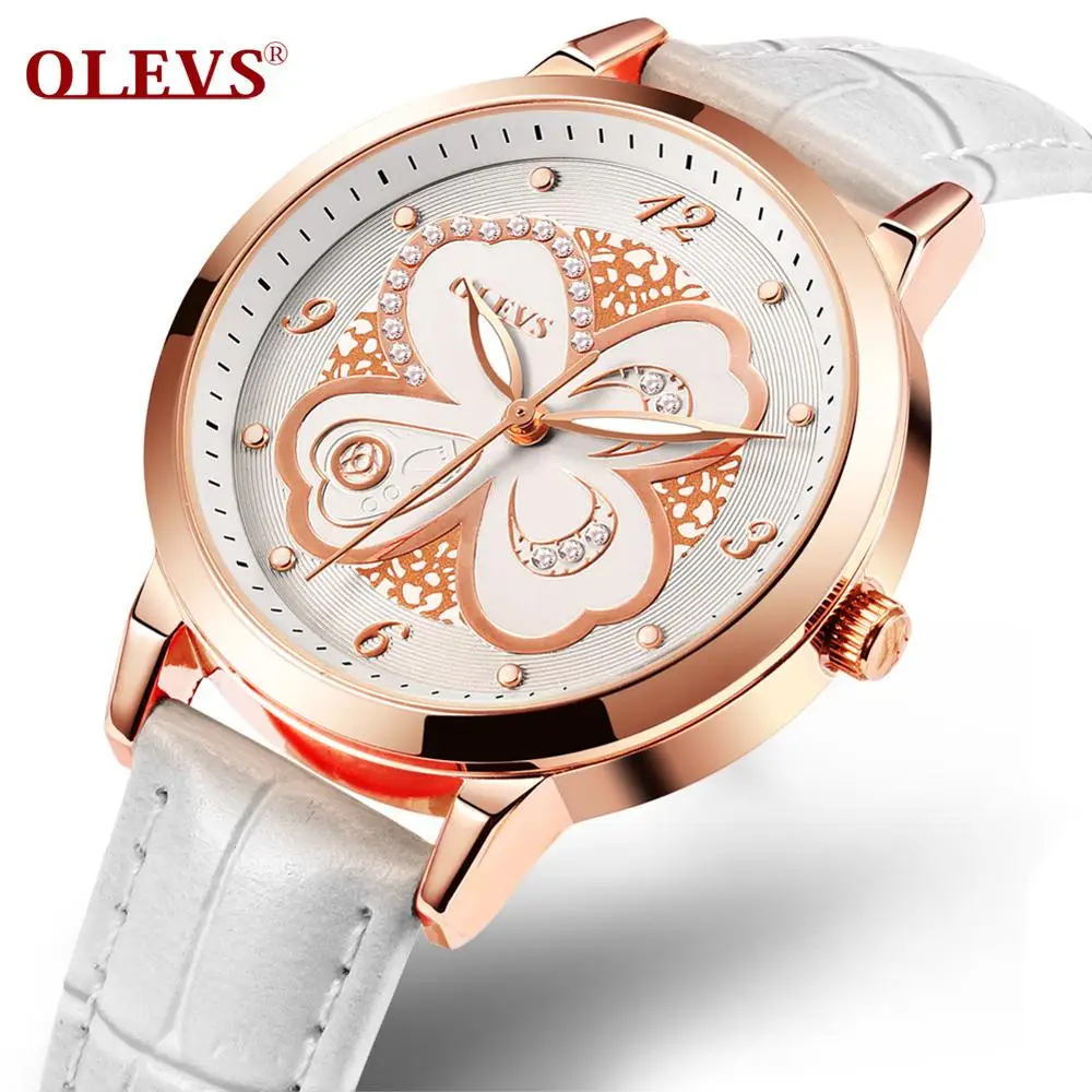OLEVS Женские Простые повседневные кварцевые часы тренд Lucky Clover кожаный ремешок