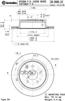 

Disc brake rear. Nissan Qashqai / Qashqai 2 I (J10 jj10) 12/06-12/13 / Nissan X-Trail (T30) 01 Brembo art. 09.8969.20