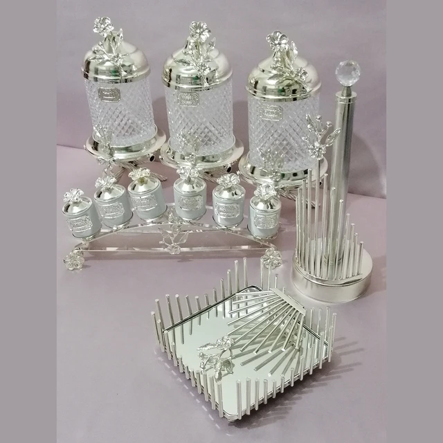Baharat Kavanoz Seti Peçete Tutacağı Stand Gümüş Renk Dayanıklı Yapıda  Metal Kaplama Güçlü Kristal Cam Yapısı Yemek Yardımcı Ara - AliExpress