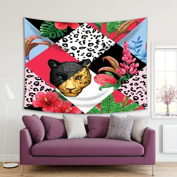 

Tapestry Tropical Palm Leaves Exotic Flowers Cheetah Head in Geometric Shapes Colorful Floral Art Red Blue Green Black