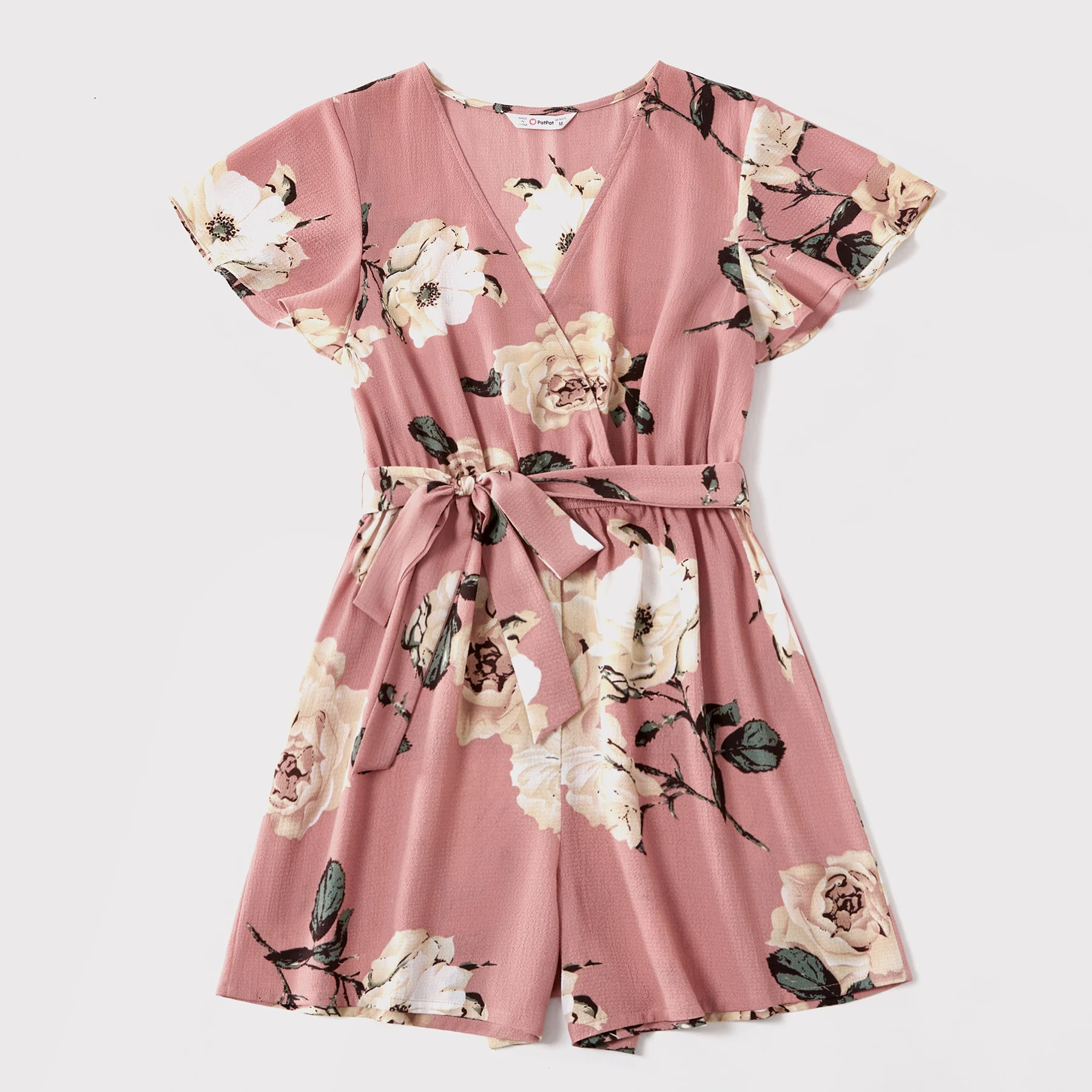 Floral Print V-neck Short-sleeve Matching Pink Shorts Rompers | Unilovers