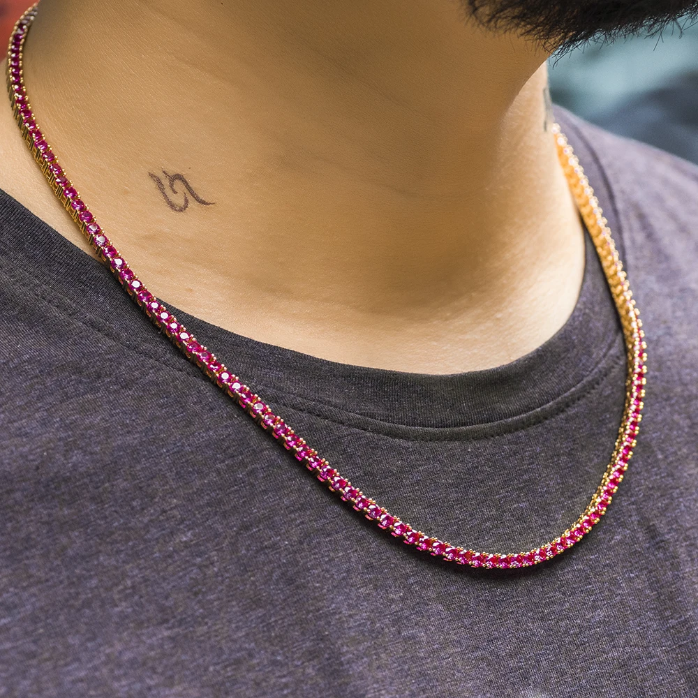 3mm Iced Out AAA Zircon Red Color Stone Tennis Chain Dad Jewelry | Украшения и аксессуары