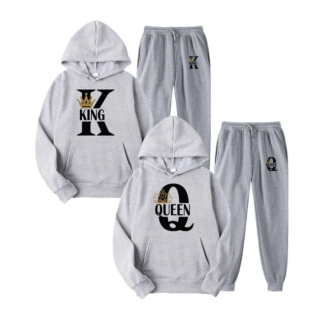 2022 Fashion Couple Sportwear Set KING or QUEEN Printed Lover Hooded Suits Hoodie and Pants 2pcs Set Streetwear Men Women Cloths Gray King 2