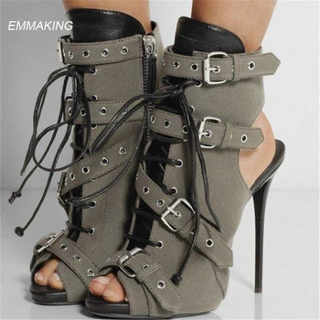 

EMMA KING Runway Buckle Open Toe Ankle Boots Women Sexy Lace Up Summer Sandals Boots Thin High Heels Stilettos Women 2020