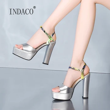 

Platform Sandals High Heels Leather Silver Pink Summer Sandals Ankle Strap Heels 12cm