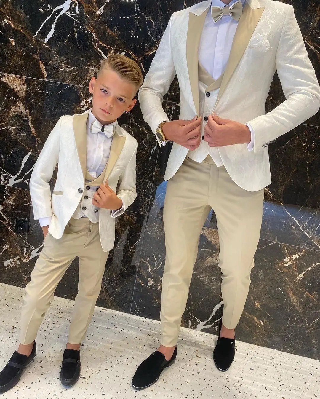 Men Suit Set Father And Son Groom Tuxedos 3 Pieces Cream White Floral Pattern Slim Fit Cocktail Party Business