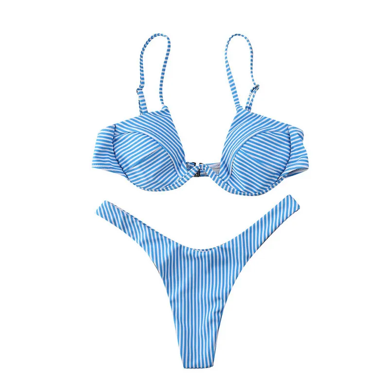 Дропшиппинг, сексуальный пуш-ап, без подкладки, бразильский комплект бикини для женщин, 4 цвета, бандажный комплект бикини, купальник, треугольный купальник, купальный костюм - Цвет: Blue Striped