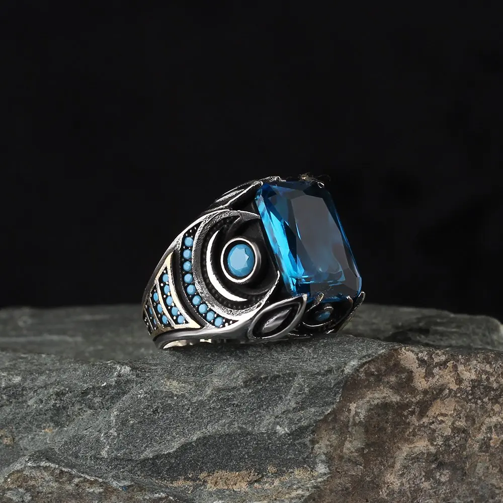 

Мужское кольцо Aqua Marine Stone из стерлингового серебра 925 пробы, натуральный камень, подарочные украшения для мужчин, мода в турецком стиле, сделано в Турции