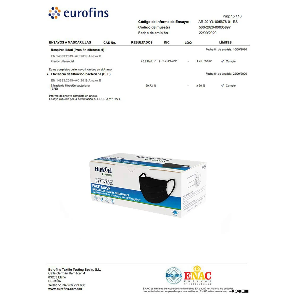 Masques de protection respiratoire HIBRON présentés sous différents angles, emballage individuel.