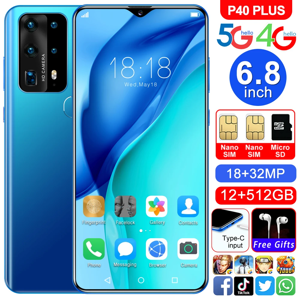 US $114.70 P40 Plus 68 Inch Android Smart Phone Global 5G LET Cellphones 12GB 512GB 10Core 1832MP Face ID MTK6889 Dual SIM Mobile Phone