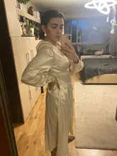 A-Line Dress V-Neck Spring Bishop-Sleeve Satin Simplee Chic Elegant Vintage High-Waist