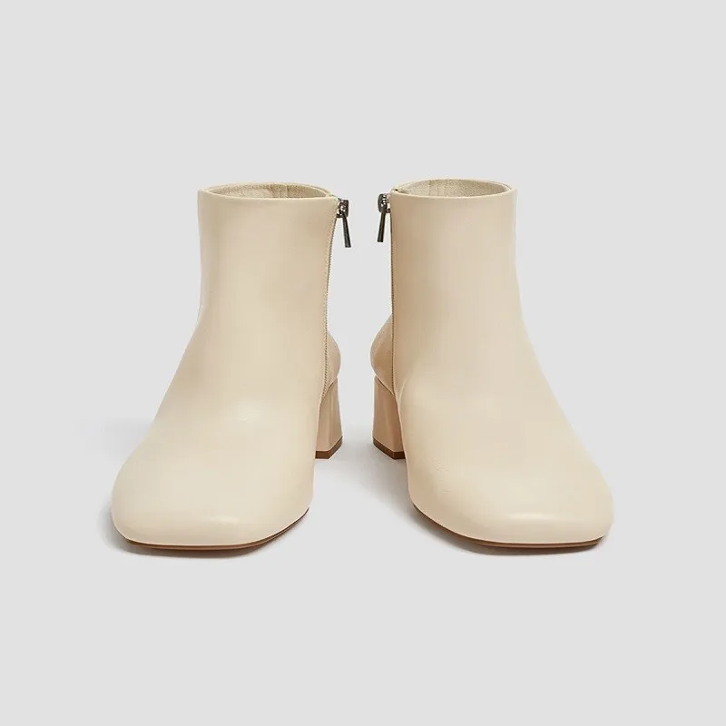 Women's Ecru Square Toe Heeled Ankle Boots 11102641