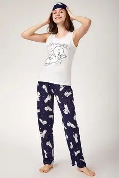 

Happiness ist. Women Hair Straped Printed Knitted Pajamas Set EC00024
