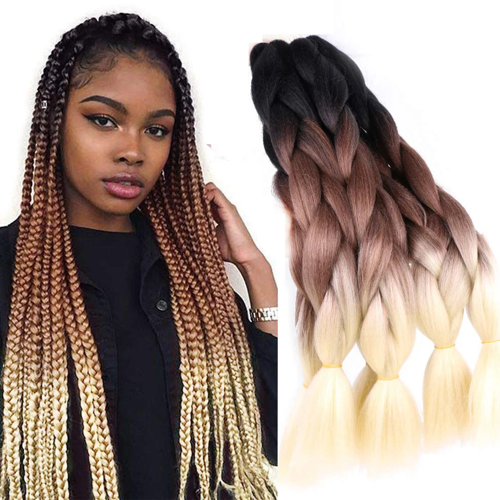 3 cores gradiente jumbo trança extensões de cabelo kanekalon trança cabelo  ombre tom múltiplo colorido cabelo sintético para mulher