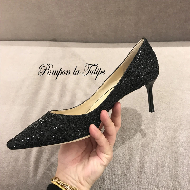 

MNK 930064 Glitter Rhinestone Shiny Elegant Sheepskin Pumps 5CM High Heels Stilettos Party Wedding Ladies Fashion Women Shoes