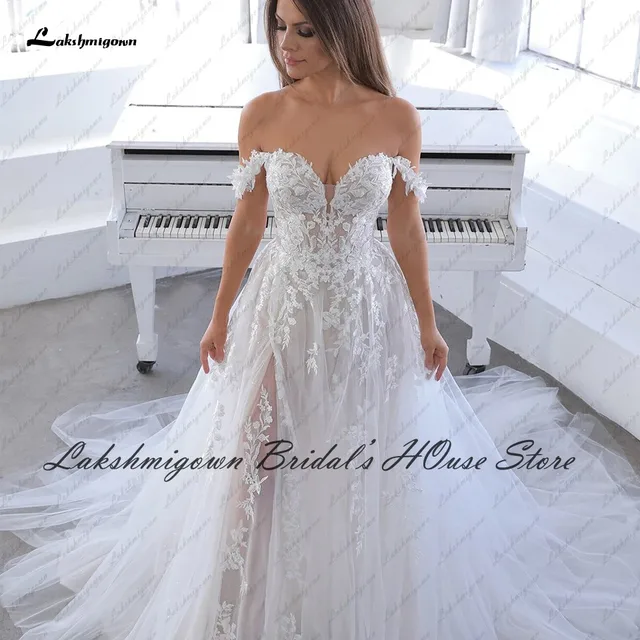 Lakshmigown Off the Shoulder Boho Wedding Gowns Lace Applique 2021 Robe Mariage Off White Princess Tulle Bridal Dress Side Split 4