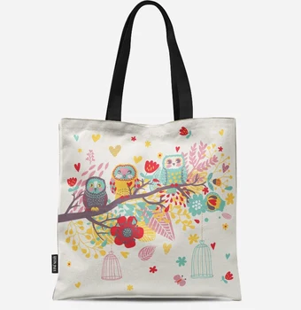 

Reusable Shopping Bag Eco Women Handbag Foldable Beach Bag Daily Use Shoulder Bag Casual Canvas Owl Pattern Printed