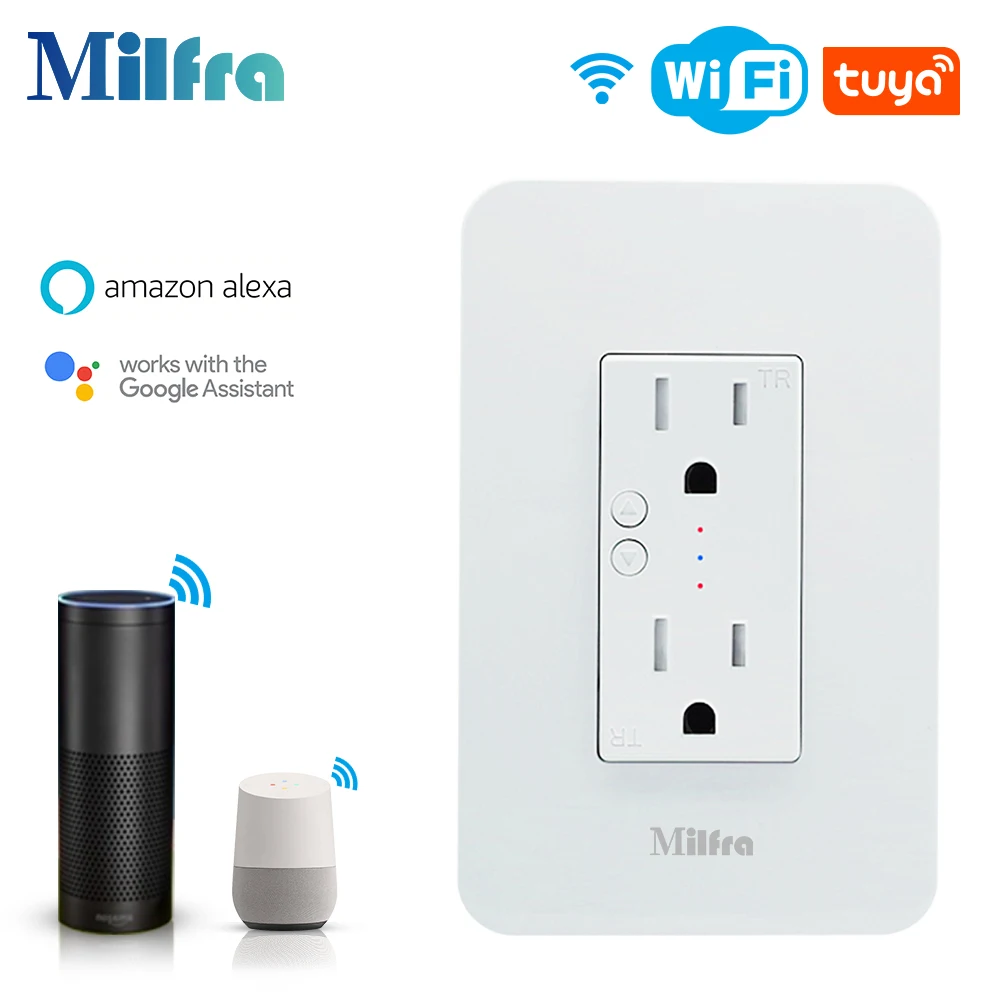 

Milfra Home Automation System US Smart in-Wall Outlet Switch Timer Power Wifi Socket with Duplex Independent AC TR Receptacle