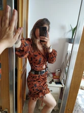 Short Dress Bow-Puff V-Neck Long-Sleeve Drawstring Ruffled Sexy Hollow-Out Mini Women