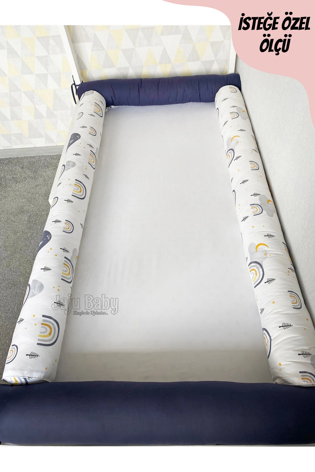 Jaju Baby Handmade Navy blue Color Rainbow Fabric Montessori Mattress Cylinder Barrier Crib Side Protection Custom Size | Мать и ребенок