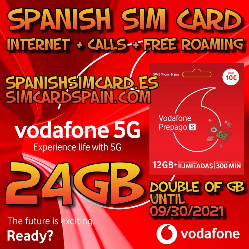 Предоплаченная испанская SIM-карта Vodafone 24 ГБ 300 минут английский