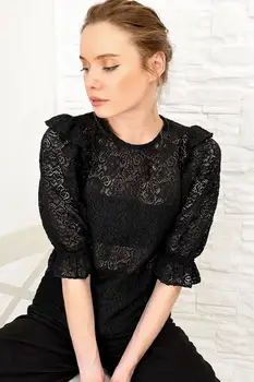 

Trend Alacati Style Women Black Bicycle Neck Filet Lace Woven Bluz ALC-X4037