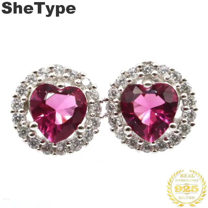 

12x12mm 2019 New Arrival 2.6g Created Pink Tourmaline White CZ Gift For Sister European Style 925 Solid Sterling Silver Earrings