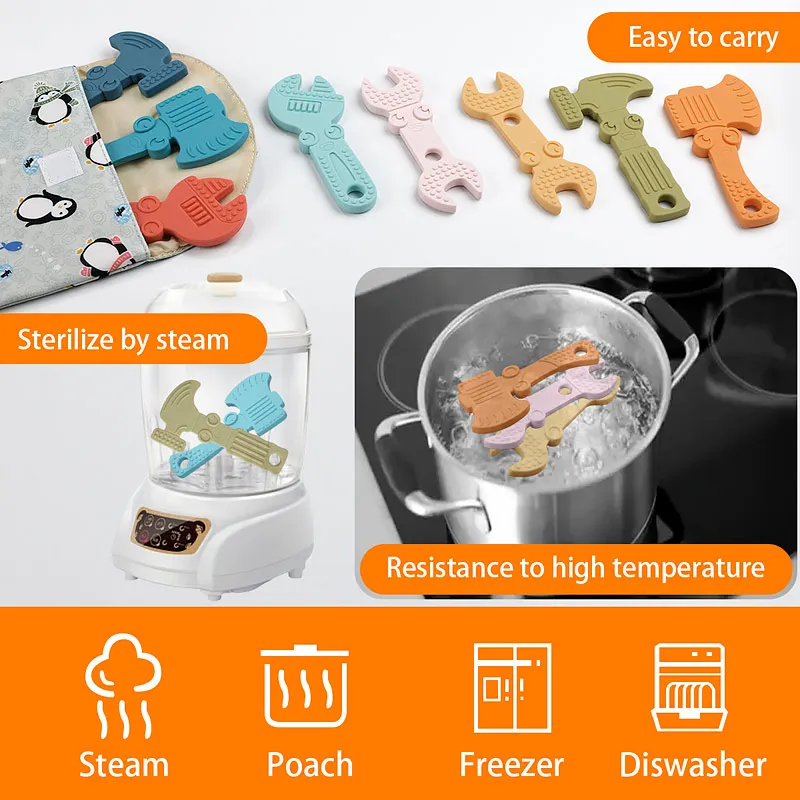Baby Silicone Teether 4pcs BPA-Free Wrench Tools Necklace Pendant Teeth Care Chewing Toy