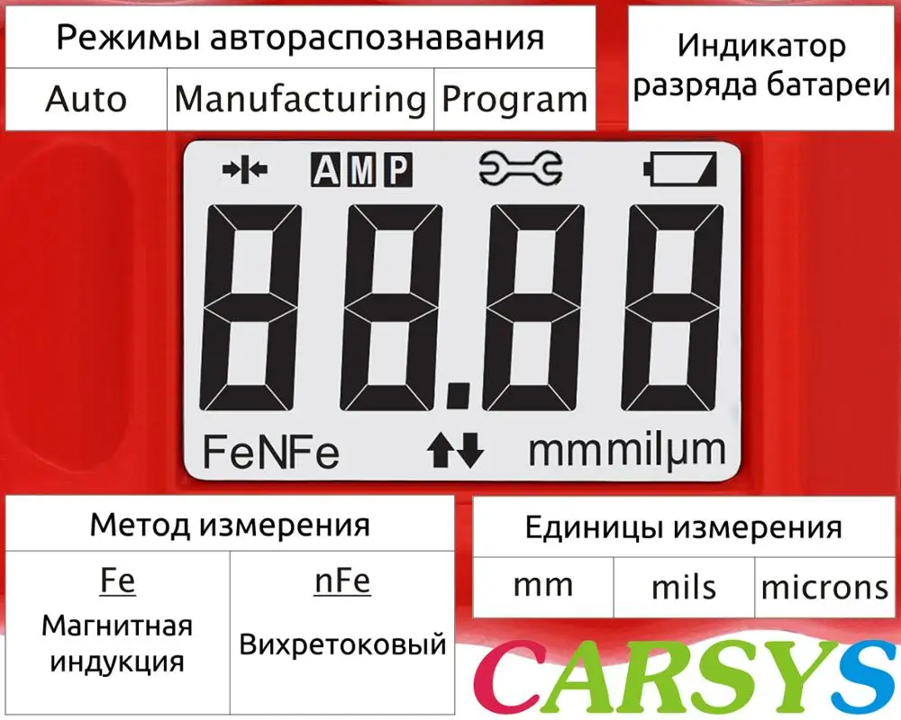 Толщиномер покрытий CARSYS DPM-816 PRO Быстрые измерения по черным и цветным металлам(0-3 мм) пр-во Россия(красный