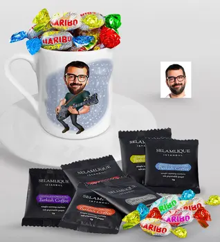 

Personalized Mr Guitarist Caricature Of Turkish Coffee Cup Selamlique Mixed Turkish Coffee house And Haribo Candy Gift Seti-1