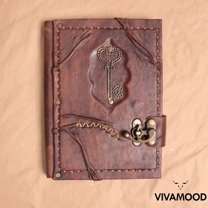 

Vintage Leather Journal & Notebook Key Embossed Notepad - Leather Diary With Lock - Poetry Leather Book, Travel Journal Book