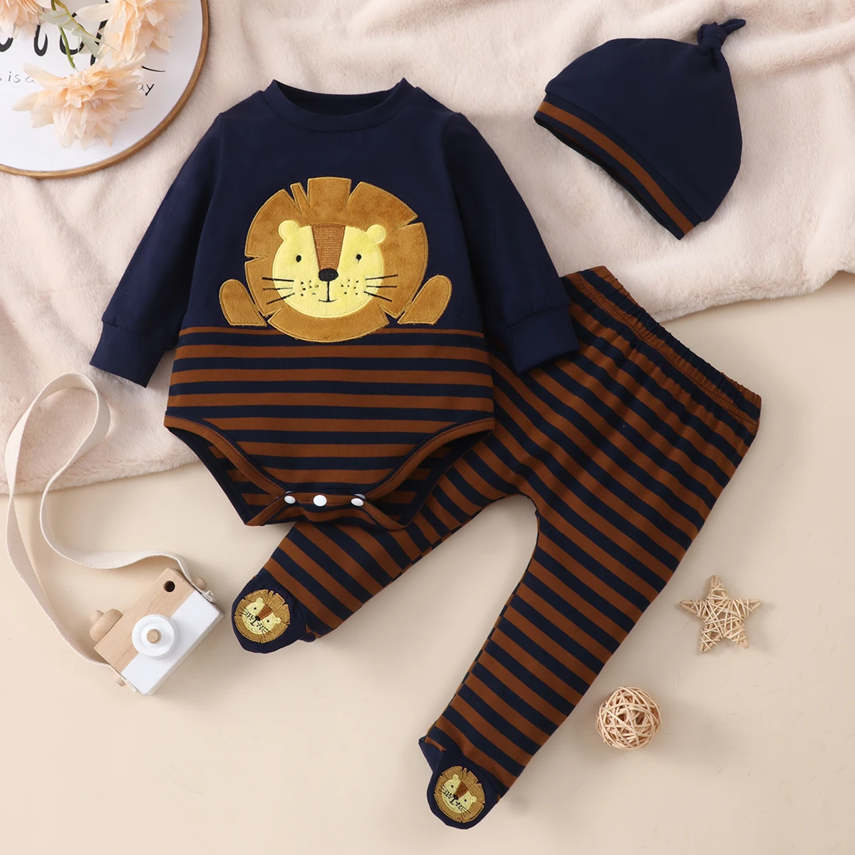PatPat 3pcs Baby Boy/Girl Cartoon Lion Pattern Long-sleeve Striped Romper and Footed Pants Set sun baby clothing set Baby Clothing Set