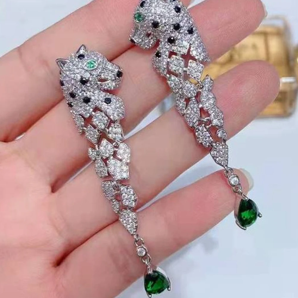 Leopard Long Dangle Earring Panther Earrings with Green Emerald Color AAA+ Zircon Stone 925 Silver Ear Pin Jewelry For Women