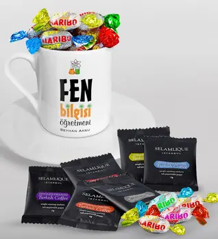 

Personalized Science Teacher Turkish coffee Cup Selamlique Mixed Turkish Coffee House and Haribo Candy Gift Set