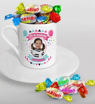

Personalized Photo Birthday Turkish coffee Cup and Haribo Candy Gift Seti-2
