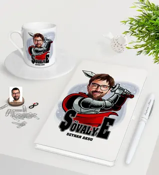 

Personalized Custom Knight Caricature Of White Notebook Pen Turkish Coffee Cup Seti-1