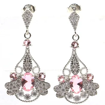 

35x17mm Hot Sell Created Pink Morganite White CZ Ladies Party Silver Earrings