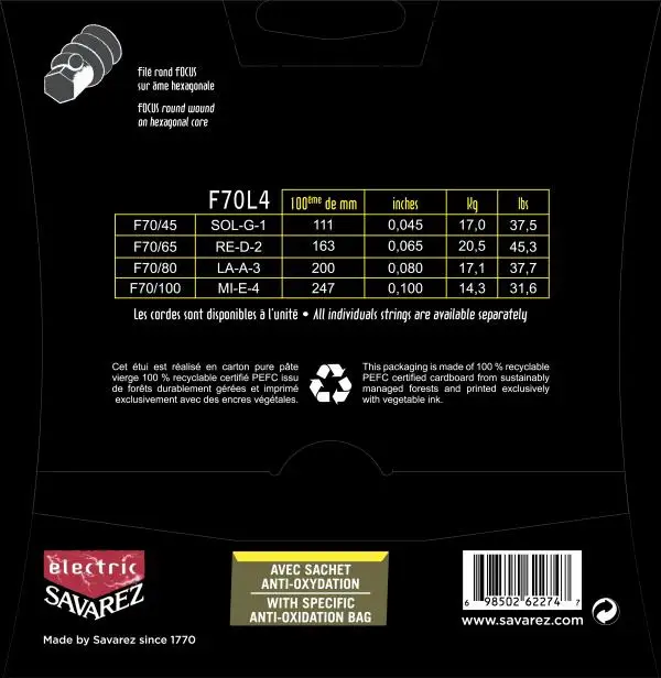 FOCUS Струны для бас гитар SAVAREZ F70L4(45-65-80-100