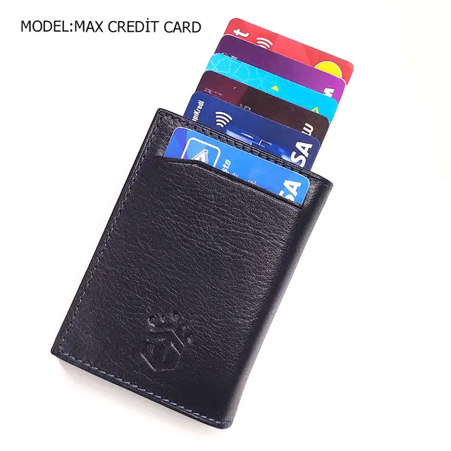 Smart Wallet Business Card Holder Real Cow Leather Handmade Smart Automatic Card Holder Men Gift Max Credit Card Navy blue -1